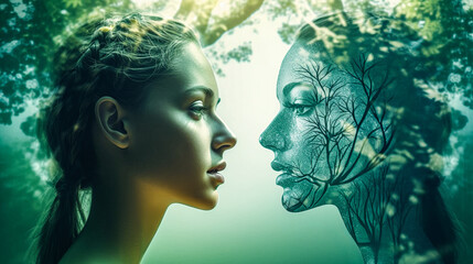 Double exposure woman and tree forest,