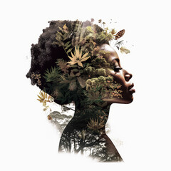 Double exposure woman and tree forest