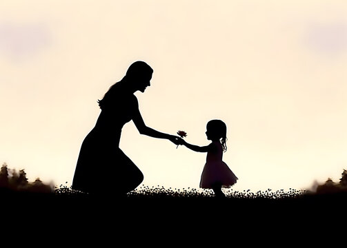 Daughter giving flower to mother. Concept of mother day.