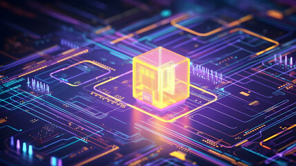 Data storage cube between neon pathways. Quantum computing, database, cloud computing concept.