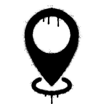 Spray Painted Graffiti Map pointer icon Sprayed isolated with a white background. graffiti GPS location symbol with over spray in black over white.