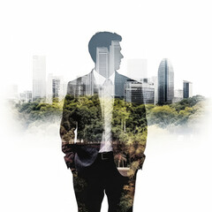 Double exposure business man with city and forest