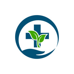 Medical care, healthcare, treatment service, natural, diagnostic centre, stethoscope leaf, plus and hands icon combination vector logo design.