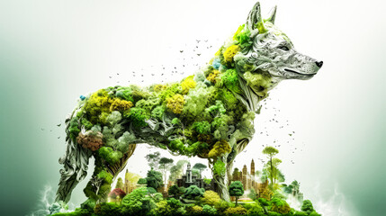 Dog with forest tree and city.  world earth day concept 