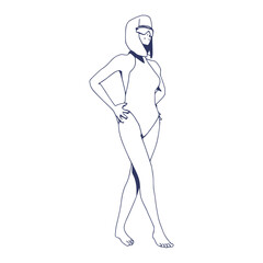 Illustration of a beautiful fashion model posing in a stylish swimsuit wearing sunglasses. Young attractive woman in beachwear. Thin line style