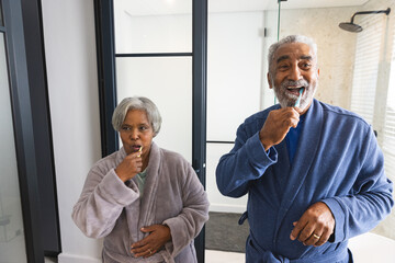 Portrait of happy senior biracial couple wearing bathrobes and brushing teeth in bathroom at home - Powered by Adobe