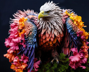 A colorful eagle with flowers on its wings