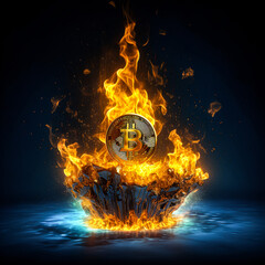 A  bitcoin on fire with yellow flame