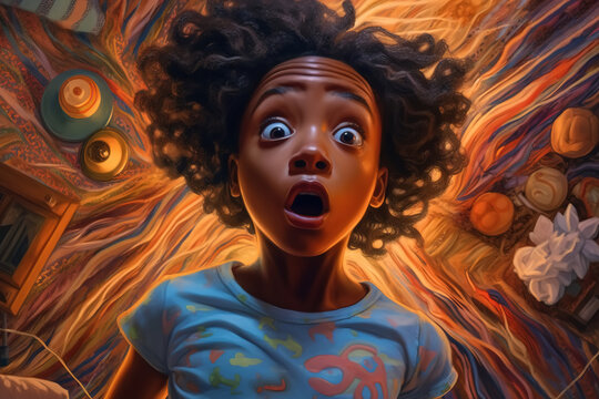 Childish nightmare, dreaming, bad dream concept illustration. Excited frightened african american girl in pajamas flying in air in bedroom with an emotional expression and open mouth