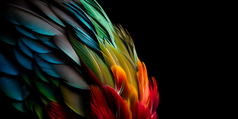 Close up view of colorful bird feathers on black background , Generative AI image