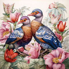 a watercolor drawing of two mandarin duck with flowers