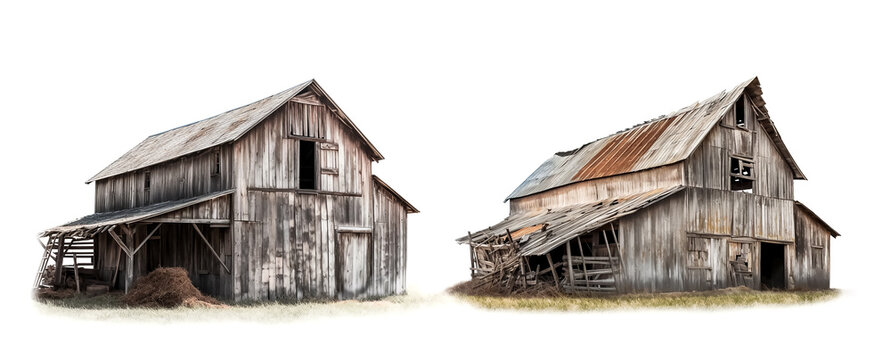 Illustration of two old abandoned wooden barns on white background, Generative AI image.