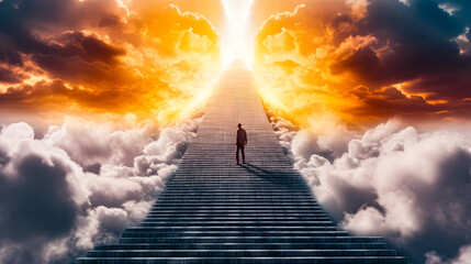 A man walking up stairs to heaven
