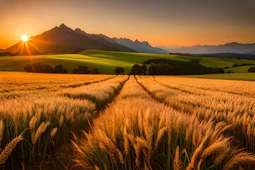 Fototapeta na wymiar As the sun sets over the horizon, a picturesque field of wheat basks in the warm glow, while the mountains loom in the background, bathed in hues of pink and orange.AI generated