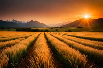 As the sun sets over the horizon, a picturesque field of wheat basks in the warm glow, while the mountains loom in the background, bathed in hues of pink and orange.AI generated