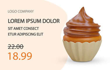 Web colorful poster with realistic 3d chocolate muffin. Design for sweets shop with place for text and logo concept. Vector illustration in brown and white colors