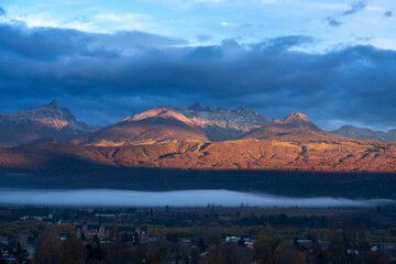 Landscape of Trevelin town during a foggy morning