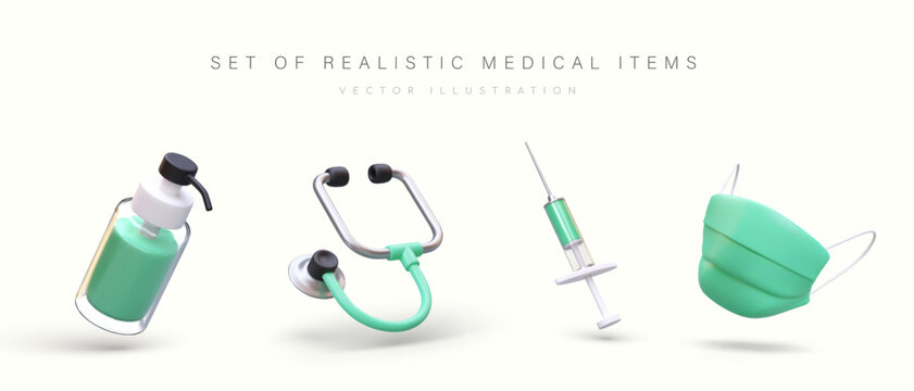 Collection of vector 3D medical item. Green sanitizer with dispenser, stethoscope, syringe with liquid, medical mask. Doctor and nurse accessories. Treatment, hygiene and health care