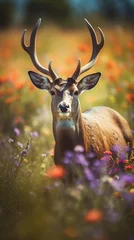 Fototapeten Vertical illustration of deer stag in the beautiful blooming field. Wild flowers outdoor nature background. Mobile splash screen template. © Sunny_nsk