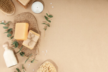 Set of eco friendly body care items, natural  washcloths, eucalyptus, brushes, sponges,  deodorant,  sea salt and handmade natural soap