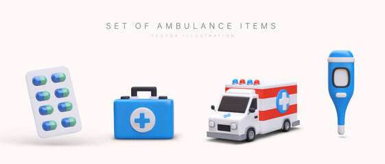 3d realistic blister pack with pills, box with medical aid, ambulance and electronic thermometer. Set of ambulance items. Collection with med equipment. Vector illustration in blue and red colors