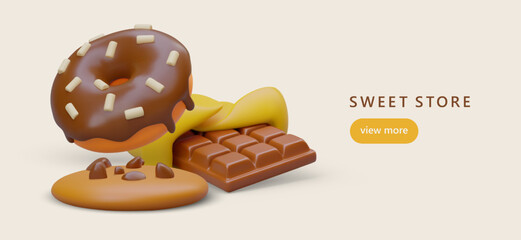 Horizontal advertising banner of sweets shop. Realistic cookie, donut, chocolate bar. Sweet snacks, fast food. Template for transition to landing page