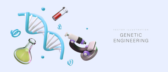 Realistic 3d DNA structure, different flask with liquids and microscope. Concept of genetic engineering. Medical research in professional laboratory. Vector illustration with place for text - obrazy, fototapety, plakaty