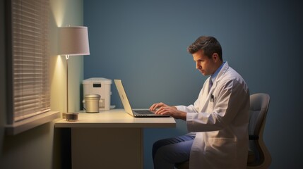 Naklejka premium A man in a lab coat working on a laptop. Generative AI.