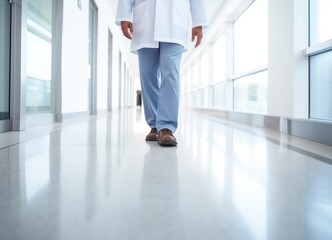 Fototapeta premium A man in a lab coat walking down a hallway. Generative AI.