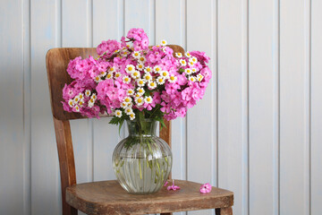pink phlox and daisies in vase. Summer gentle image.