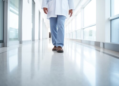 A Man In A Lab Coat Walking Down A Hallway. Generative AI.