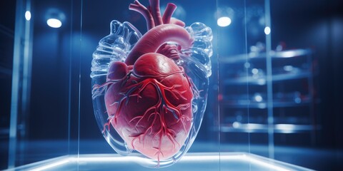 A model of a human heart in a glass case. Generative AI. - obrazy, fototapety, plakaty