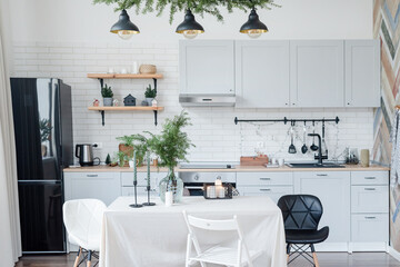 Modern kitchen interior decorated for Christmas