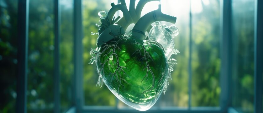 A green glass heart shaped object in front of a window. Generative AI.