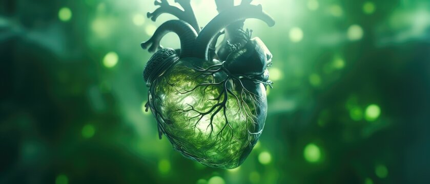 A green heart hanging from a tree branch. Generative AI.