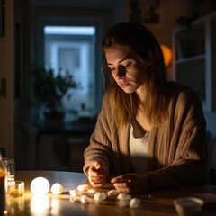 A woman sitting at a table in front of a candle. Generative AI.