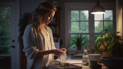A woman standing in a kitchen preparing food. Generative AI.