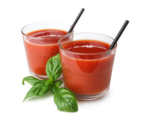 Glasses of tasty juice isolated on white background