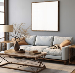 Frame mockup within a Scandinavian farmhouse living room interior, 3D render. Made with Generative AI technology