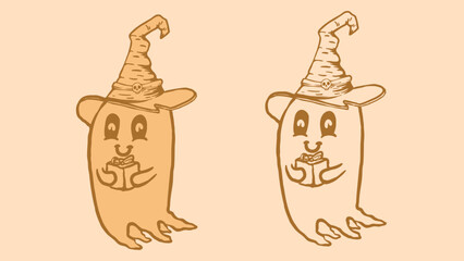 illustration of a ghost carrying a gift with a happy face