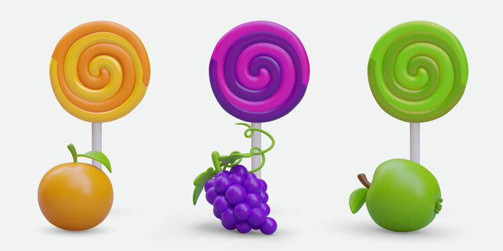 Set of colorful realistic lollipops with different taste. Lollipop with orange, grape and apple taste. Design for candy shop concept. Vector illustration in purple, green and orange colors