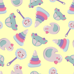 Seamless pattern with children's toys. In pastel colors, on a light yellow background. Drawn style.