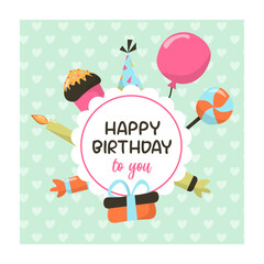 Cute vector happy birthday card, In hand drawn style.
