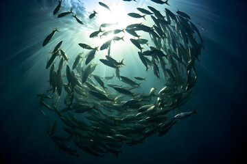 Fototapeta na wymiar shoal of marine fish underwater shot from below