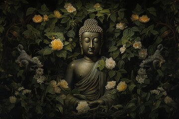 Buddha statue with lotus flower and green leaves background.Generative Ai