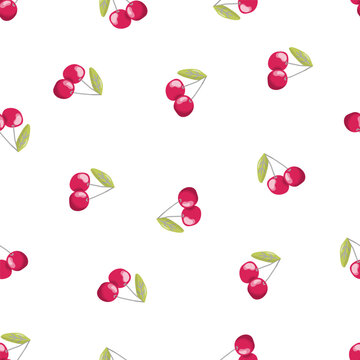 Vector seamless pattern with red cherry berries on a white background. Vector summer vacation repeat design. Stock isolated image on a white background.