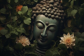 Buddha statue with lotus flower and green leaves background.Generative Ai