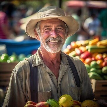 Bountiful Summer: Male Farmer's Genuine Connection at Market. Generative AI