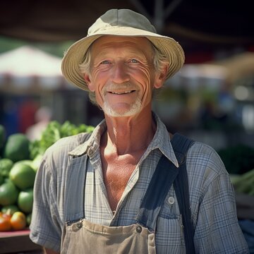 Bountiful Summer: Male Farmer's Genuine Connection at Market. Generative AI