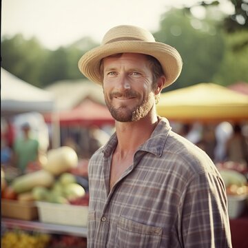 Bountiful Summer: Male Farmer's Genuine Connection at Market. Generative AI